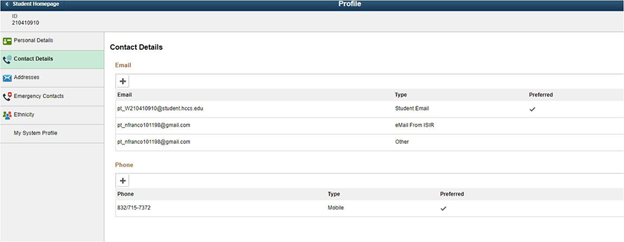 Student System Profile Contact Details